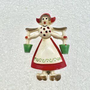 1930 Celluloid Brooch Hardworking Articulated Dutch Girl, Dutch Boy Hands Pocket